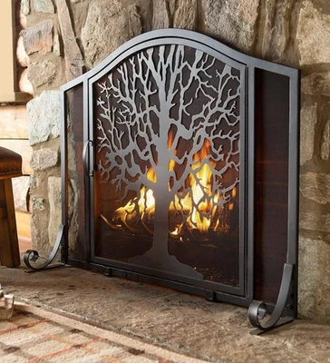 Plow & Hearth Metal Fireplace Screen Tree of Life Black | 44" W x 33" H | Magnet - Image 1 of 4