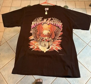 Vtg Black - Eagle - Biker Motorcycle T-Shirt - Large - Picture 1 of 4
