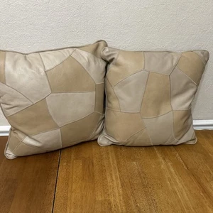 2 Tan Vintage Leather Patchwork Throw Pillow Retro 17” X 17” No Zippers - Picture 1 of 6