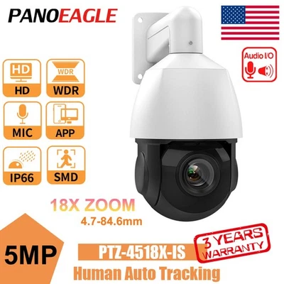 Panoeagle 5MP 18X Zoom IR POE PTZ IP Camera Mic Speaker Auto Tracking Waterproof