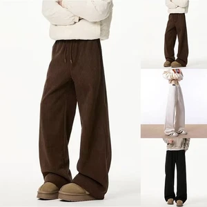 Men Corduroy Casual Pants Thickened Fleece Lined Solid Loose Straight Regular - Picture 1 of 24