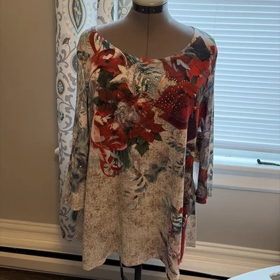 Blusa feminina One World Poinsétia Natal manga longa tamanho 2X linda cor nova com etiquetas - Imagem 1 de 4