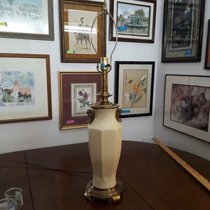 Vintage Stiffel Table Lamp Ivory Porcelain & Brass 34.5" Tall - Picture 1 of 20