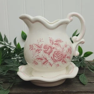 Vintage Pink Floral Roses Creamer Pitcher Planter Shape Vase w. Saucer 5" - Picture 1 of 4
