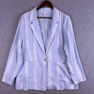 Caslon Blazer Women’s Large Blue Linen Blend Stripe Single Button Preppy Coastal - Picture 1 of 10