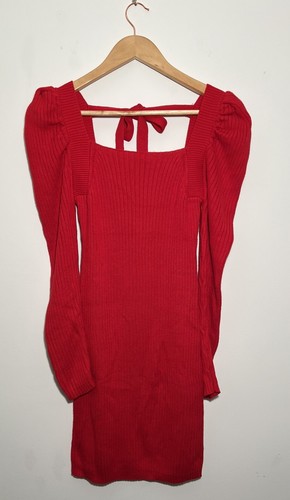 VALENTINO Maglione donna taglia S rosso a costine lavorato a maglia abito manica gonfia cravatta sul retro sexy mod.