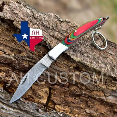 3"HAND MADE DAMASCUS STEEL FOLDING KNIFE KEY CHAIN WITH HORN & STEEL HANDLE  - Image 1 of 4