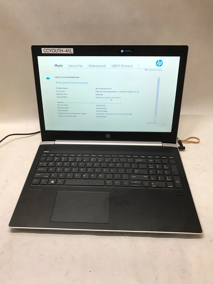 HP ProBook 455 G5 15 дюймов AMD A9-9420 4 ГБ RAM без жесткого диска/ОС на запчасти загрузочная петля как есть DW - Изображение 1 из 4