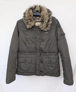 Hollister Jacket Womens Large Khaki Down Coat Faux Fur Collar Zip Padded Parka L - Picture 1 of 10