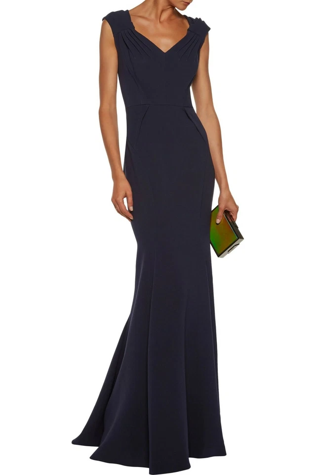 Maxi 6 Vestido Sirena ZAC POSEN Azul Marino Plisado Adhesionado Crepé Estructurado Bodycon Foto 1 de 4