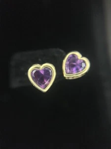 Estate 14K Yellow Gold Amethyst Heart Earrings - Picture 1 of 9