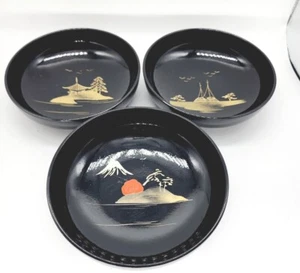 3 Black Asian Laquerware Bowls - Picture 1 of 6
