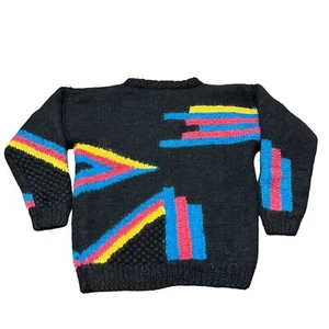 Vtg 80s Pure Wool Memphis Style Sweater Women Size Medium Black Pink Blue READ - Picture 1 of 13