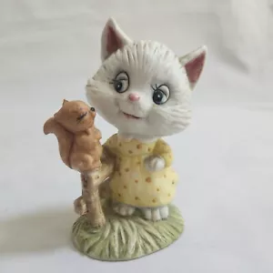 Vintage Lefton China White Kitten Cat Dress w/ Squirrel Anthropomorphic Figurine - Picture 1 of 10