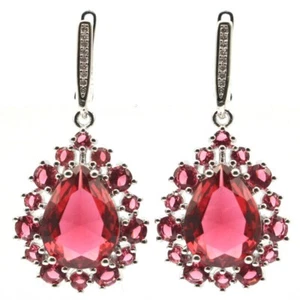 Deluxe Drop Shape Raspberry Rhodolite Garnet CZ Woman's Party Silver Earrings - Imagen 1 de 3