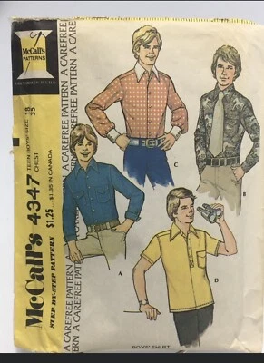 Shirt Teen Boys Size 18 M4347 Cut Vintage 70s Sewing Pattern Junior Retro - Image 1 of 2