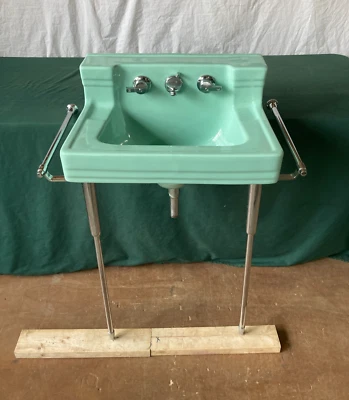 Vtg Mid Century Jadeite Ming Green Sink Chrome legs Towel Bars Standard 151-25E - Image 1 of 4