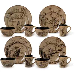 Stoneware Dinnerware Set Rustic Cabin Lodge Country Farmhouse Brown Serves 4 New - Picture 1 of 24