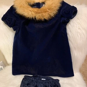 Janie & Jack Faux Fur dark/navy Blue Velvet dress 12-18 months - Picture 1 of 8