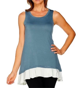 LOGO Layers Tank Top Womens XL Blue Gray  Ruffle Hem Sleeveless Rayon Stretch - Picture 1 of 15