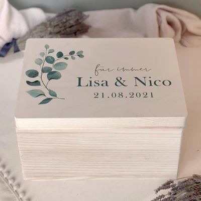 Personalisierte Erinnerungsbox zur Hochzeit Aquarell "Eukalyptus - für immer" - Bild 1 von 4
