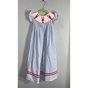 Swanky Southern Kids blue white striped dress smocked lobster neckline size 5 - Picture 1 of 9