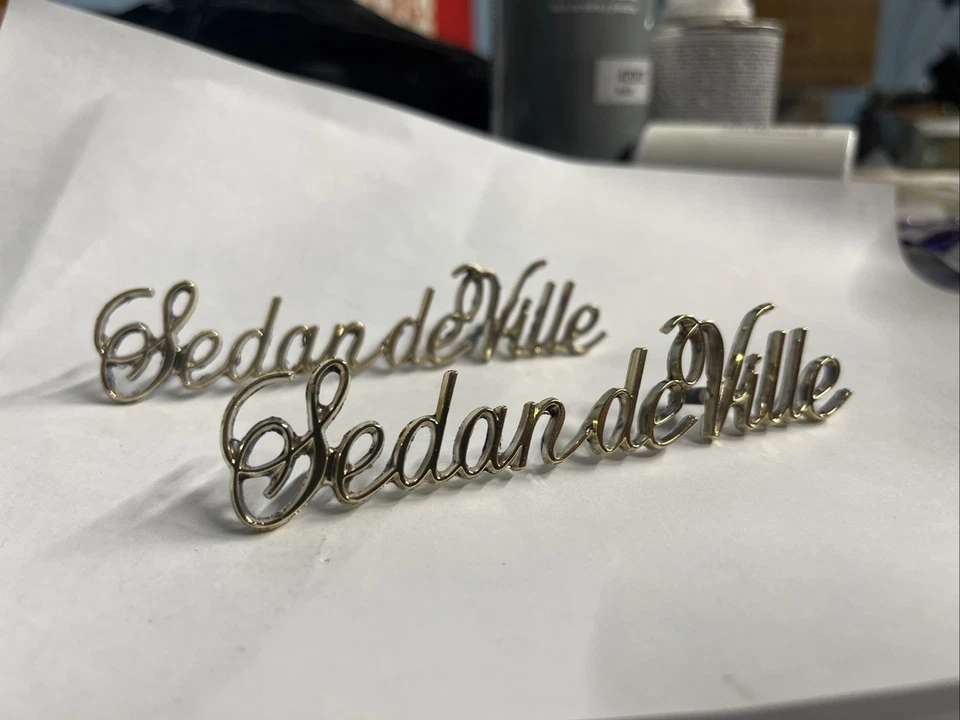 1972-84 CADILLAC "SEDAN DEVILLE" ROOF SCRIPT W/ PINS EMBLEM FRESH 24K PLATED - Image 1 of 4