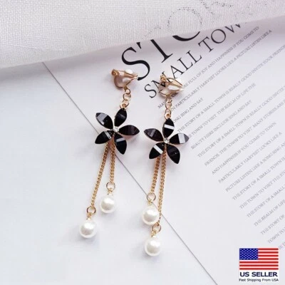Fashion Women Crystal Jewelry Earrings Pearls Flowers Tassel Clip-on Studs 0436 - Image 1 of 2