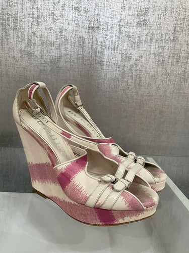 BURBERRY bianco rosa tela plaid FIBBIA zeppa tacco misura: EU 39 US 8 (B6)
