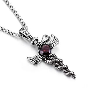  Mens Stainless Steel Angel Wings Faux Sapphire CZ Cross Pendant Necklace