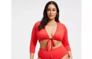Good American Sexy Boost Swim Top 3/4 Sleeve Tie Front Bright Poppy Red Small - Picture 1 of 7