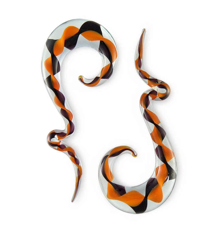 Pair Black and Orange Ribbon Glass Kinky Drops Gauges - Image 1 of 1
