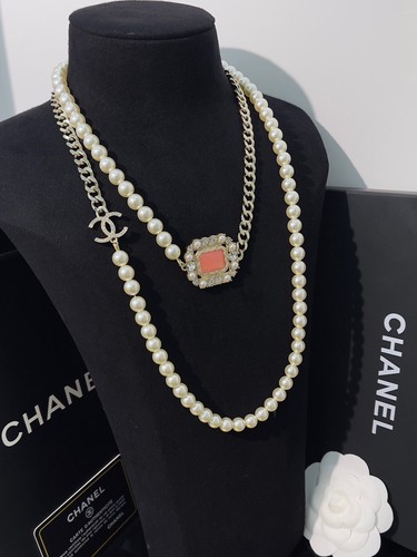 ?CHANEL Gemma Quadrata 2 CCS Collana di Perle Catena Maglione con Cristallo 24C