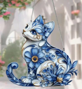 SUNCATCHER-Whimsical Blue & White Cat Acrylic Suncatcher (8"x8") - Picture 1 of 6