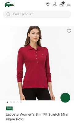 Camisa polo de manga larga Lacoste roja ajustada elástica talla 46 para mujer Foto 1 de 4