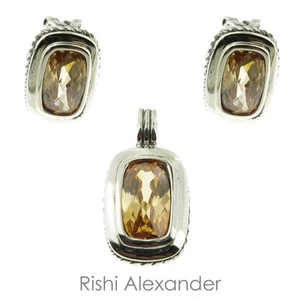 925 Sterling Silver Orange CZ Rope Edge Pendant Earring Set - Picture 1 of 5