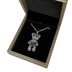 Girls Silver Teddy Bear Blue Heart Clear Stones Pendant Necklace Fashion Jewelry - Picture 1 of 10