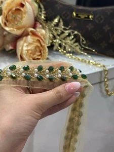 1yd Green Pearl Crystal Diamante Beaded Lace Ribbon Dress Sewing TrimAppliqu - Picture 1 of 7
