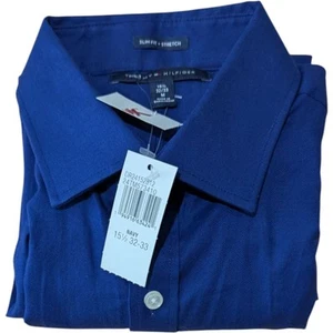 Blue Tommy Hilfiger Mens Dress Shirt Slim Fit Stretch Solid Medium 15.5 32/33 - Picture 1 of 11