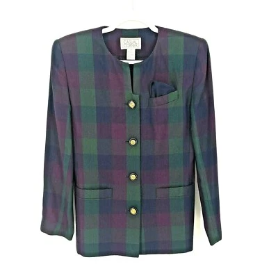 Chaqueta Blazer Vintage Informal Esquina Mujer Cuadros Abotonada Talla 4 Verde Púrpura Foto 1 de 4