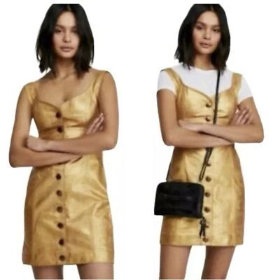 Mini Vestido Free People Goldie Cuero Dorado Lavado Botones Bronce Talla 12 Foto 1 de 4