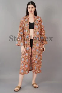 Peach & Blue Hand Block Print Elegant Cotton Kimono Bathrobe Resort Wear Dress - Picture 1 of 6