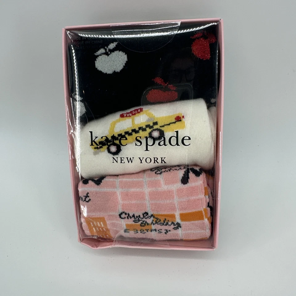 Kate Spade Нью-Йорк 3 упаковки NYC Apple такси экипажа носки, черный/мульти, новый в коробке - Изображение 1 из 3