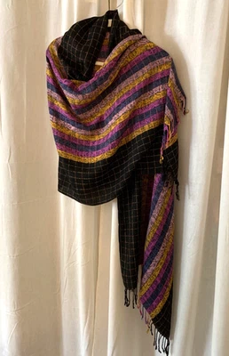 Priya Woven Fringe Shawl | Boho Striped Scarf Wrap | Black Mustard Plum Artisan - Изображение 1 из 4