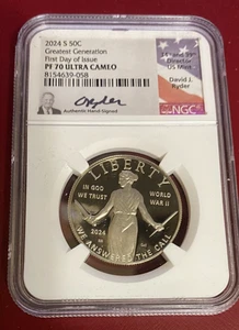 2024-S  GREATEST GENERATION  HALF DOLLAR NGC PF70 UCAM RYDER  SIGNATURE - Picture 1 of 4