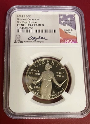 2024-S  GREATEST GENERATION  HALF DOLLAR NGC PF70 UCAM RYDER  SIGNATURE - Image 1 of 4