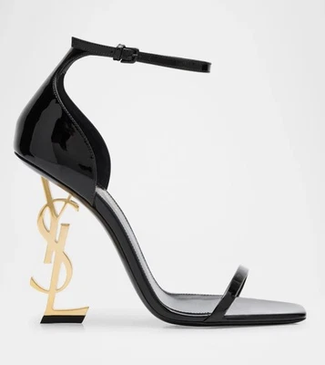 Sandalias de tacón Saint Laurent Opyum YSL con logotipo en negro con herrajes dorados, talla 38  Foto 1 de 4