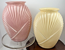80s VTG Pink & Yellow Anchor Hocking Vases Art Deco Draped Ribbed Glass Pillow