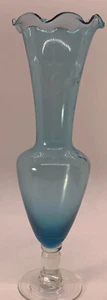 Light Blue Glass Ruffled Bud Vase Etched With A Clear Stem - Picture 1 of 6