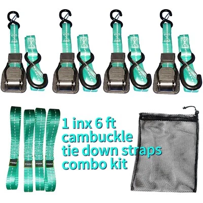 4-PK 1in x 6ft Cam Buckle Tie down Straps Soft tie loop Kit with 2 storage Bags - Image 1 of 4